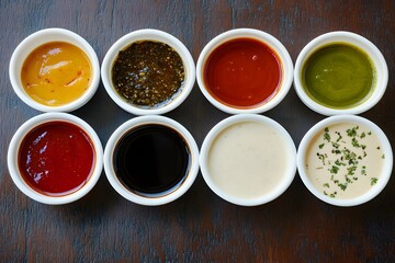 Assortment of Sauces in White Bowls on a Wooden Table