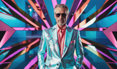 Obraz premium A man in a turquoise sequin jacket stands in front of a colorful, geometric backdrop