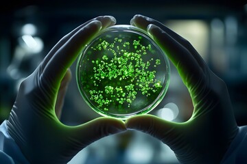 a scientist’s hands holding a petri dish with green, glowing bio-organisms in a high-tech lab