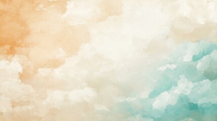 Obraz premium A soft, abstract artwork featuring pastel colors of orange, white, and turquoise, resembling a sky filled with fluffy clouds.