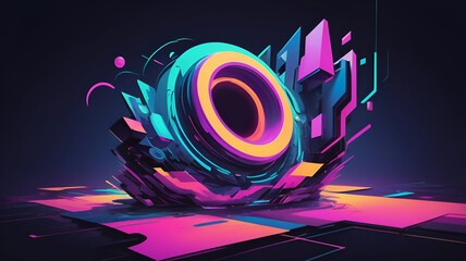 Abstract 3d art futuristic  geometric object vibrant neon background