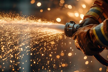a firefighter's hands holding a fire hose nozzle during a training exercise, illustrating strength and preparedness