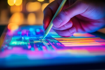 Obraz premium a graphic designer’s hand using a stylus on a digital tablet, with vibrant colors on the screen