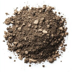 Close-up View of Pile of Dark Brown Soil with Rocks on White Background