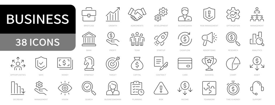 Business line icons set. Business, finance. Editable stroke icons. Vector