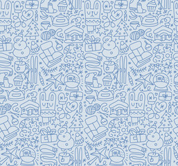 Winter doodle seamless pattern. Hand drawn print with sport and activities, warm knitted clothes and cozy home objects. Holiday backgrounds in linear hand drawn style. Vector illustration.