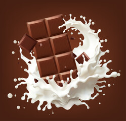 Dark chocolate bar with Milk splash cream splashing, 3d illustration. . Realistic vector illustration, Mesh gradient wes