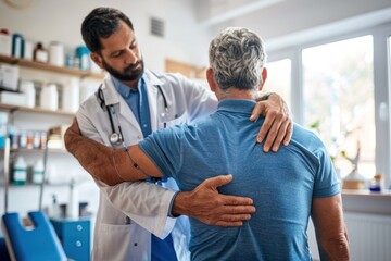Physical therapist fixing senior man's back, shoulder in medical clinic room