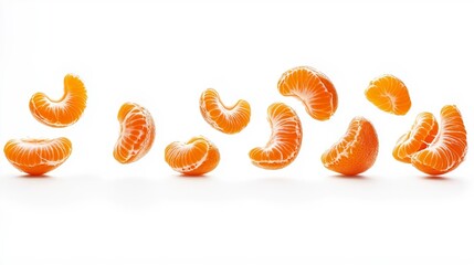 A row of peeled mandarin orange segments levitating in mid-air against a white background.