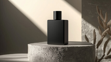 Elegant black square perfume bottle displayed on a sleek stone pedestal, bathed in soft sunlight with shadows and sun rays, creating a minimalist and luxurious atmosphere, perfect for high-end fragran