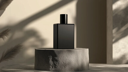 Elegant black square perfume bottle displayed on a sleek stone pedestal, bathed in soft sunlight with shadows and sun rays, creating a minimalist and luxurious atmosphere, perfect for high-end fragran