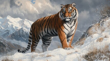 Obraz premium A majestic Siberian Tiger stands in snowy mountains, with its thick black and orange fur vividly detailed against the wintry backdrop