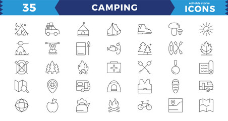 Camping and Outdoor editable stroke outline Icons set. Map, tourism, camping, hiking, direction, bonfire, backpack, binoculars, tent and caravan. Vector illustration