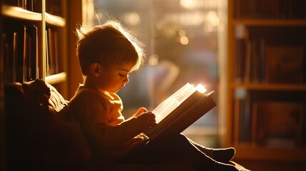 Small community library with children reading books, the warm light inside creating a soft, inviting atmosphere with a blurred background