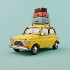 A yellow vintage car with luggage on the roof, on a light blue background.
