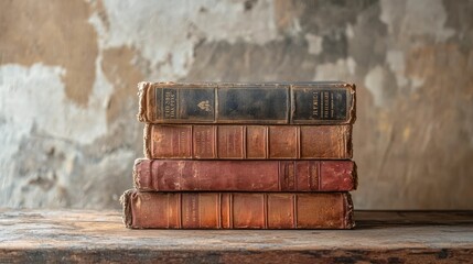 Obraz premium Antique books, worn and aged, stacked on an old wooden table, with a neutral background enhancing their vintage charm.