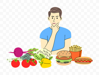 Man chooses between vegetables and fast food, graphic design. Food, meal, fast food and vegetables, vector design and illustration