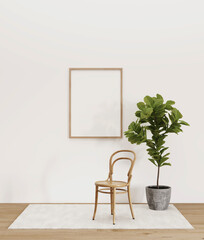 a chair with frame and a plant in a white room
