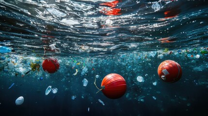 Buoys in the sea, surrounded by floating plastic pollution, highlighting the ongoing environmental crisis.