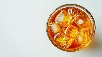 Chilled iced tea in a clear glass cup, with ice cubes floating, set against a pristine white backdrop.