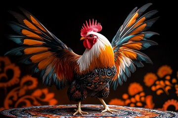 Fototapeta premium A colorful rooster with its wings spread wide stands on a patterned surface against a dark background.