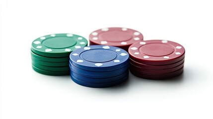 Colorful casino chips on a white background, capturing the essence of gaming and chance.