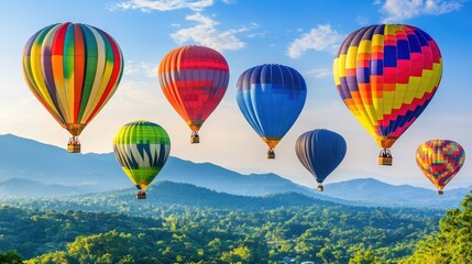 Obraz premium Colorful hot air balloons fill the sky, floating above a scenic mountain backdrop with a slightly blurred effect.