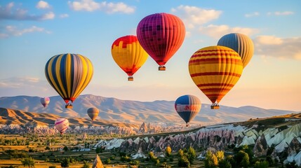 Obraz premium Colorful hot air balloons fill the sky, floating above a scenic mountain backdrop with a slightly blurred effect.
