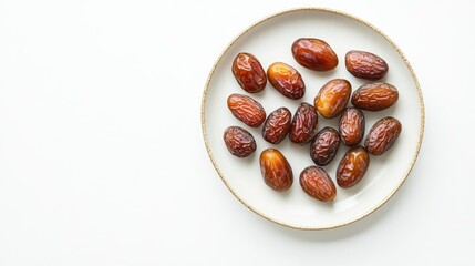 Obraz premium Dates arranged on a minimalist plate, with a clean white background emphasizing the simplicity and natural beauty of the scene.