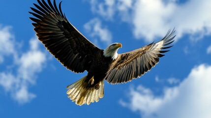 Naklejka premium Eagle in mid-flight, gliding through the blue sky with wings spread wide, embodying power and grace.