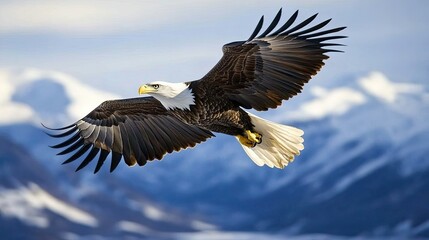 Obraz premium Eagle in mid-flight, gliding through the blue sky with wings spread wide, embodying power and grace.