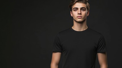 Obraz premium Black T-shirt mockup on a young man, perfectly fitted and ready for showcasing custom designs or logos with clear copy space.