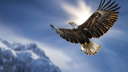 Majestic eagle flying high in a clear blue sky, wings fully extended, showcasing strength and freedom.