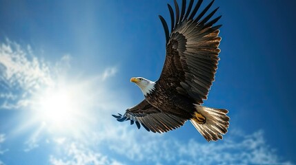 Obraz premium Majestic eagle flying high in a clear blue sky, wings fully extended, showcasing strength and freedom.
