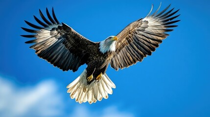 Majestic eagle flying high in a clear blue sky, wings fully extended, showcasing strength and freedom.