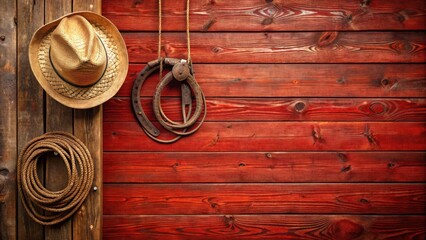 Wild west rodeo background on red wooden fence with cowboy hat, lasso, saddle and horseshoes