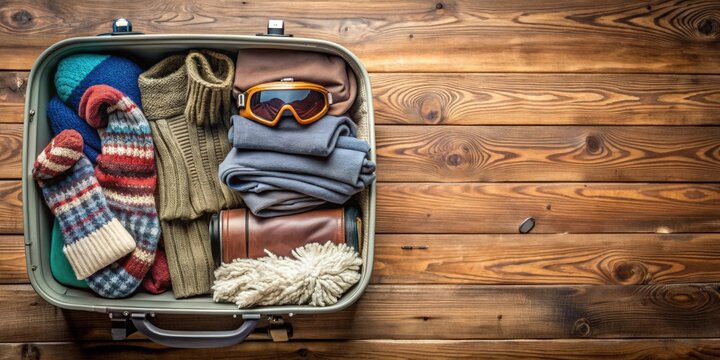 Open suitcase with a selection of warm clothes and ski goggles scattered on a wooden floor perfect for a winter vacation