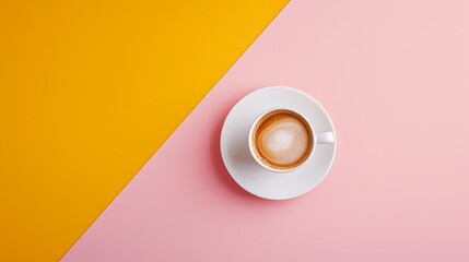 coffee cup with cappuccino on pastel pink and yellow background top view