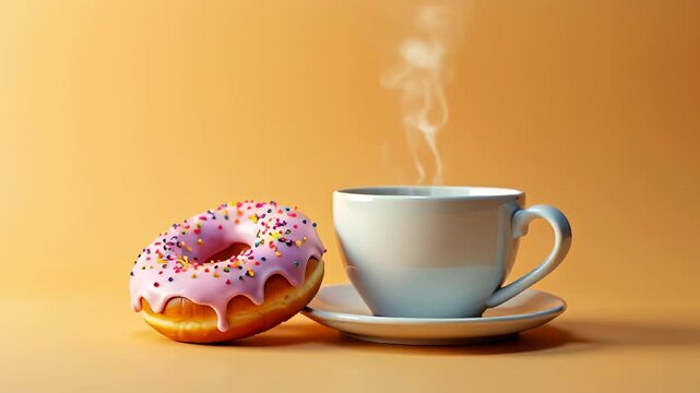 Steaming cup of coffee with sprinkled donut on warm beige background with copy space