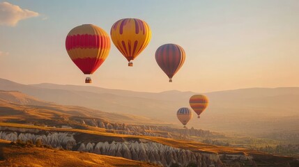 Fototapeta premium Vibrant hot air balloons rise into the sky, with a beautiful mountain range in the background, softly blurred for a dreamy effect.