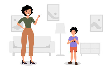 Fototapeta premium A mother scolding her son in a modern living room during the afternoon