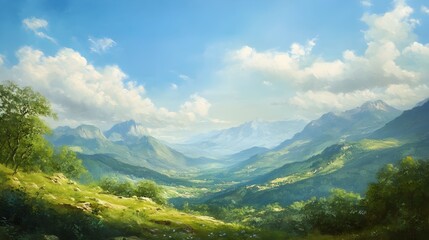 Obraz premium Tranquil Mountain Vista with Sweeping Landscape and Wispy Clouds in Serene Atmosphere