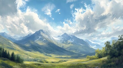 Obraz premium Sweeping Mountain Landscape with Wispy Clouds and Serene Valley