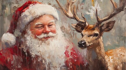 Santa Claus with a white beard and red hat smiling next to a deer, painted in a vintage oil painting style with soft brushstrokes, muted colors, and a nostalgic Christmas atmosphere
