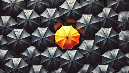 A yellow umbrella with multiple black umbrellas on a rainy day