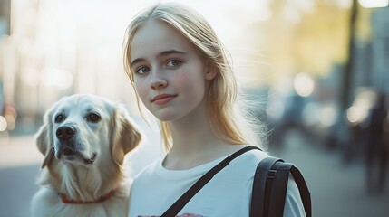 Blonde teenage girl with a golden retriever dog, both looking at the camera while standing outdoors in soft, natural light on a city street, with a blurred background and a serene expression