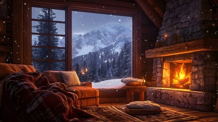 Obraz premium Cozy Cabin Interior with Crackling Fireplace and Snowy Mountain Backdrop