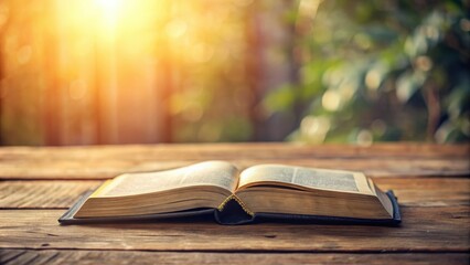 Soft focus image of the Holy Bible resting on a wooden table with copy space, creating a Christian background