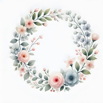 Pastel watercolor circle flowers branches with green leaves.
