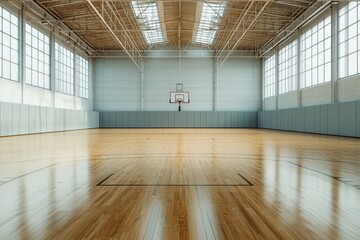 An expansive horizontal view of an empty indoor basketball court, providing a clear and open area for copy space and showcasing the court's emptiness.
